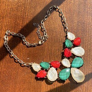 Red, Green and Gold Flower Lucite Stone Gold-tone Bib Necklace, Christmas